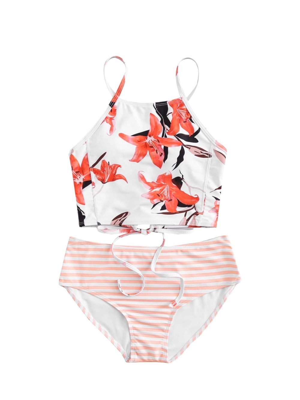 White & Coral Floral Two-Piece Bikini Swimsuit Set